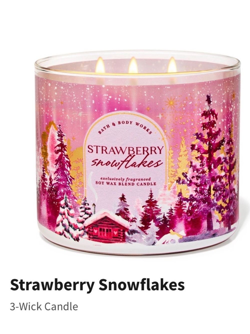 NIB B&BW “Strawberry Snowflakes” Scented 3-Wick Candle w Decorative Metal Lid.